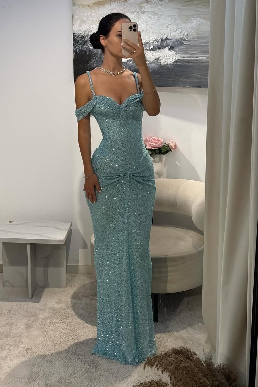 Off the Shoulder Sleeveless Long Mermaid Formal Dress With Sequins