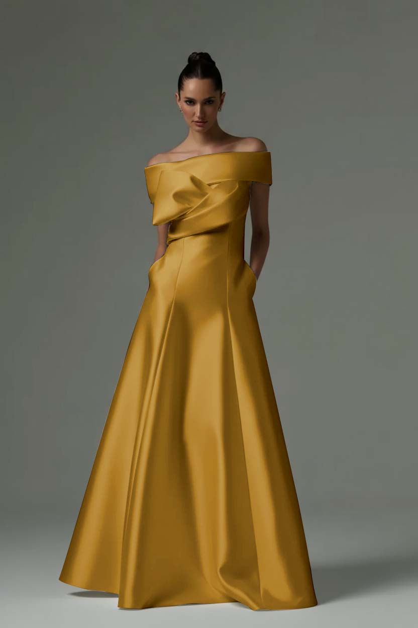 Off the Shoulder Sleeveless Long Formal Dress With Pleated Pocket