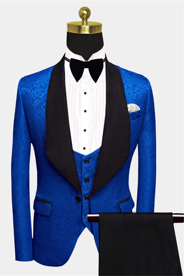 Royal Blue Slim Fit Wedding Suits Floral Jacquard Tuxedo (Jacket Vest Pants Shirt)