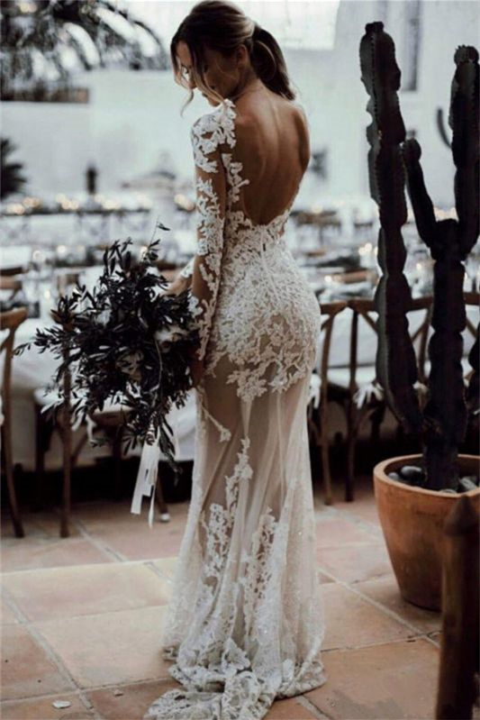 Long Sleeves Mermaid Column Backless Tulle Wedding Dress with Lace Appliques