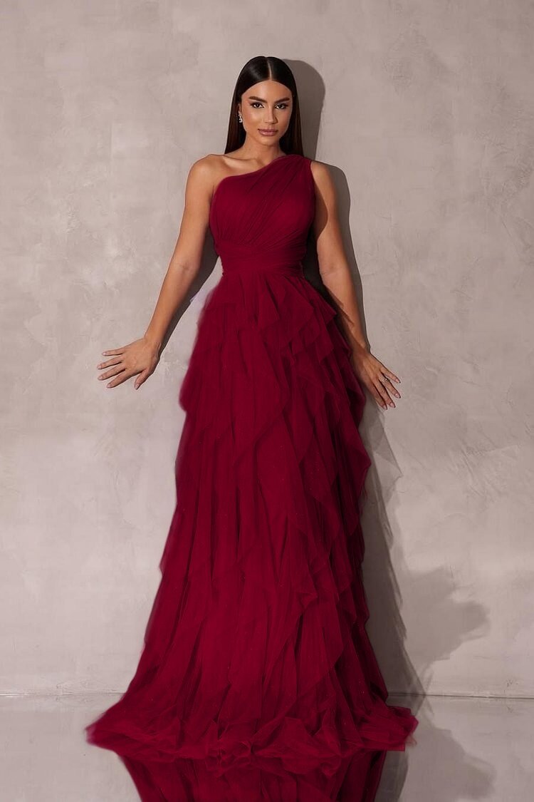 Chic One Shoulder Sleeveless Long Formal Dress With Tulle Ruffle