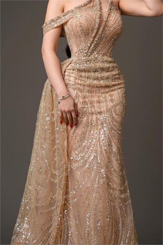 Charming Champagne Gold One Shoulder Sleeveless Formal Dress With Bead Embroidery