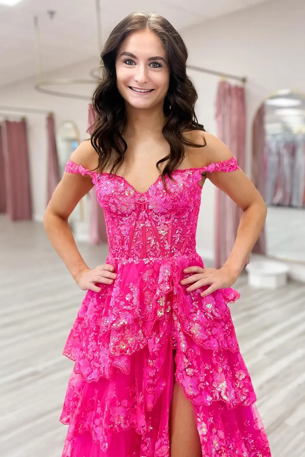Ocean Blue Off-the-Shoulder Princess A-Line Corset Prom Dress with Lace Ruffles