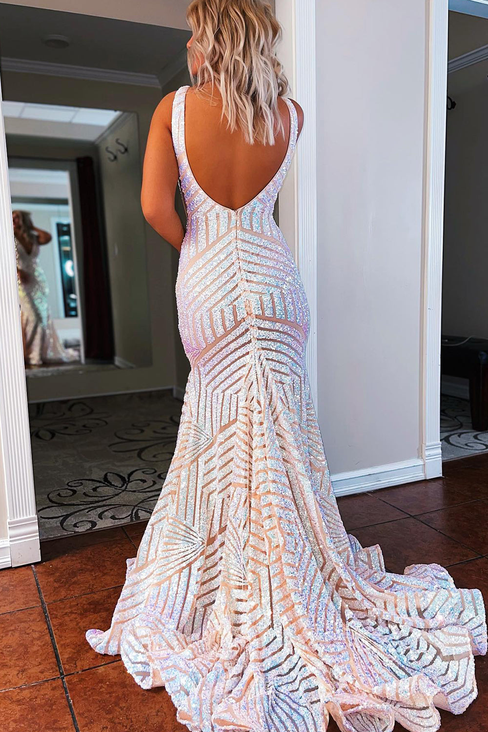 Long Prom Dress with Sparkly Blue Mermaid Cut and Red Sequins in Deep V Neck
