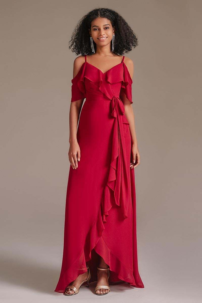 Red Chiffon Spaghetti-Straps Bridesmaid Dress with Ruffles