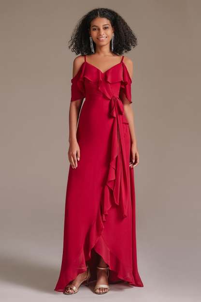 Red Chiffon Spaghetti-Straps Bridesmaid Dress with Ruffles