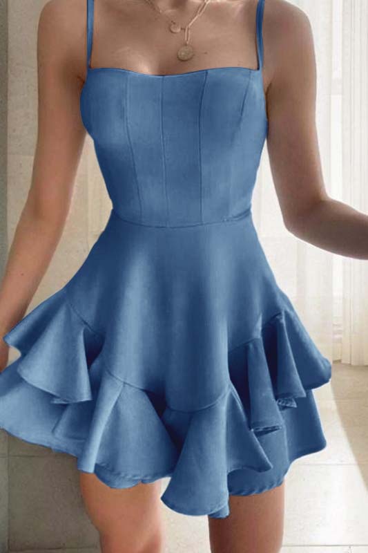 Lovely Sky Blue Square Neck Short Mini cocktail Dress With Ruffles