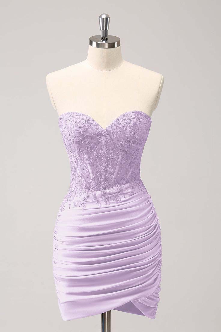 Light Purple Sweetheart Pleated Embroidery Glamorous Short Mini cocktail Dress