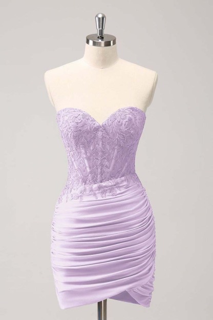 Light Purple Sweetheart Pleated Embroidery Glamorous Short Mini cocktail Dress