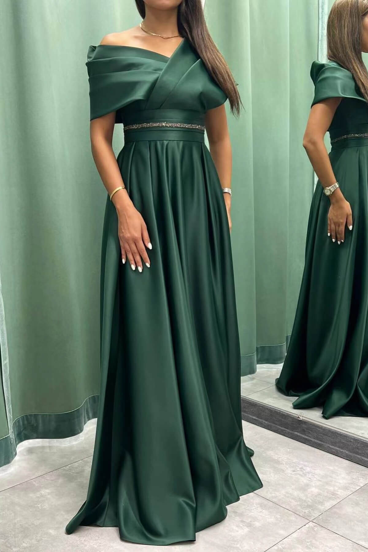 Long Elegant Evening Dress Pleat Off-The-Shoulder