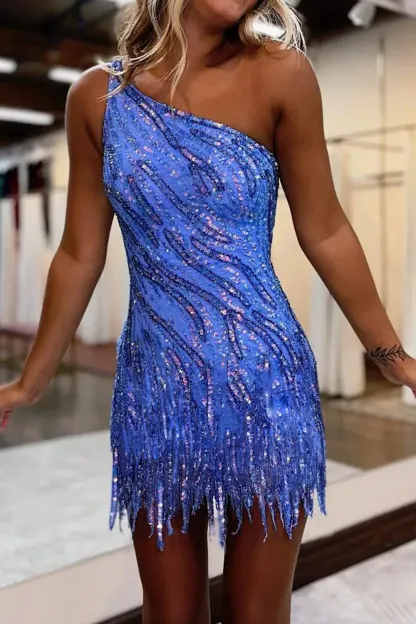 Blue Sequins Short Homecoming Dress with One Shoulder and Tassel