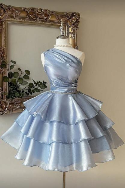 One Shoulder Sleeveless Short Formal Dress With Pleated Ruffle