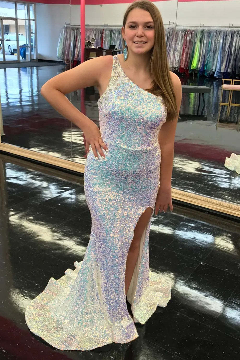 Light Blue Sequined Mermaid Prom Dress with Silt and One Shoulder