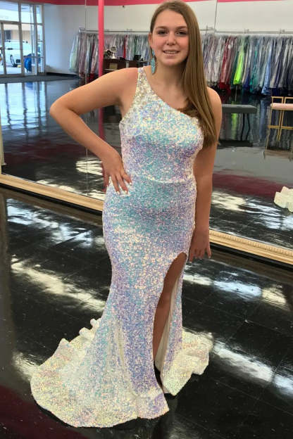 Light Blue Sequined Mermaid Prom Dress with Silt and One Shoulder