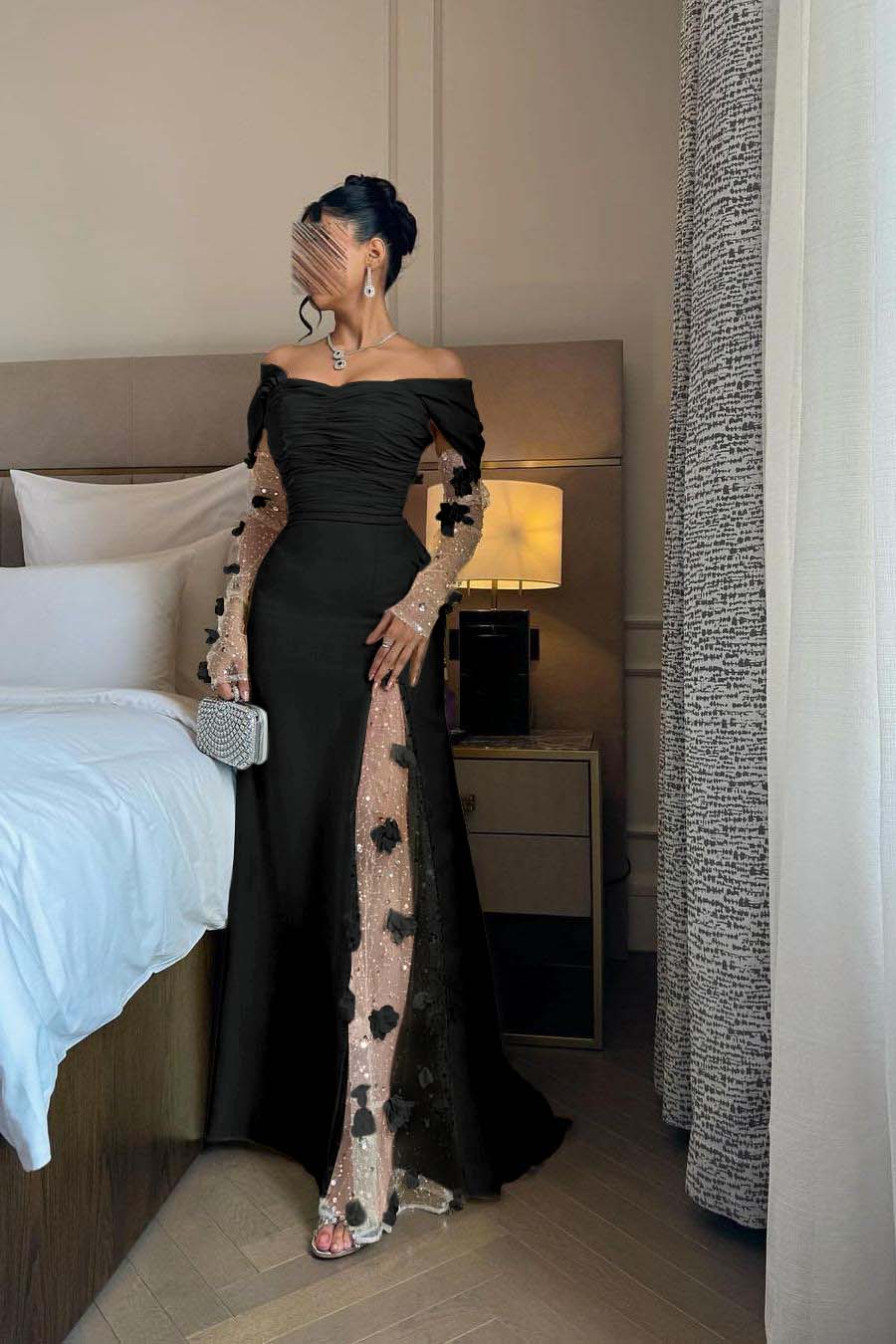 Off the Shoulder Long Sleeves Long Formal Dress With Split Appliques