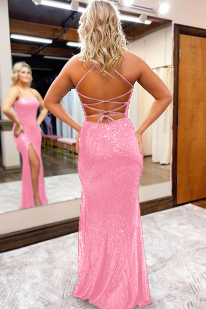 Burgundy Prom Dress with Sequins Spaghetti Straps and a Sheath Slit