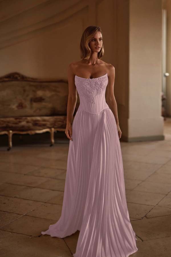 Strapless Sleeveless Long Formal Dress With Appliques Pleated