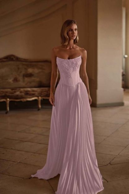 Strapless Sleeveless Long Formal Dress With Appliques Pleated