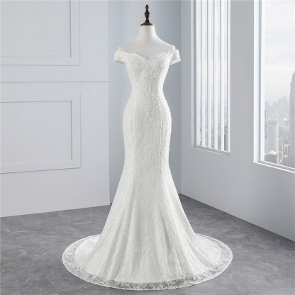 Off-the-Shoulder Floor-Length Long Mermaid Wedding Dress with Lace
