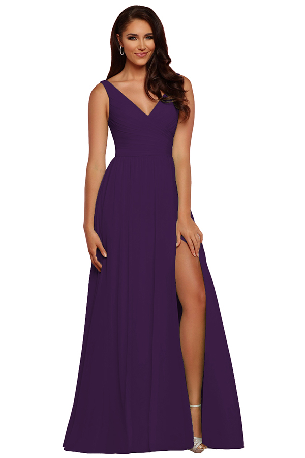 Sleeveless V-Neck Bridesmaid Dress with Split
