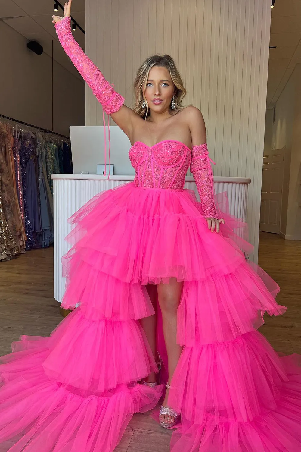 Sweetheart Hot Pink Corset Prom Dress with Appliques in A-Line High-Low Style