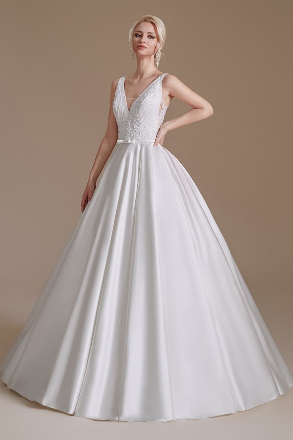 Charming A-Line V-Neck Satin Long Wedding Dress with Appliques Lace