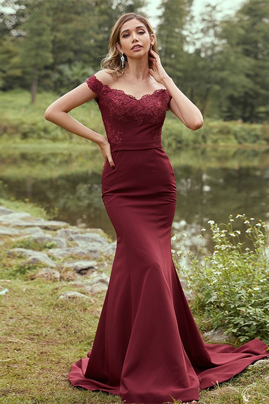 Burgundy Off-the-Shoulder Lace Bridesmaid Dress
