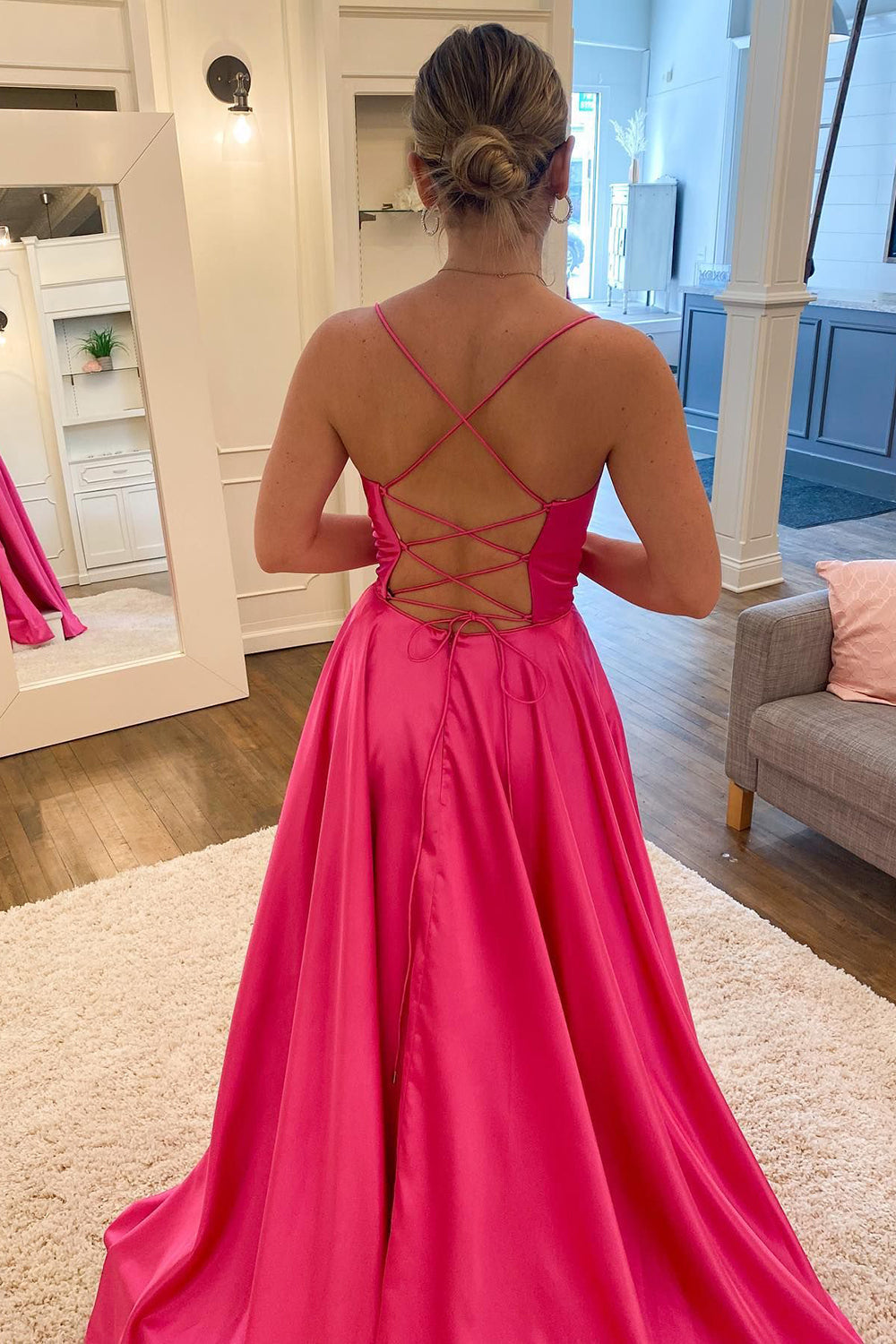 Long Hot Pink Prom Dress with Spaghetti Straps and Front Split in A-Line Style