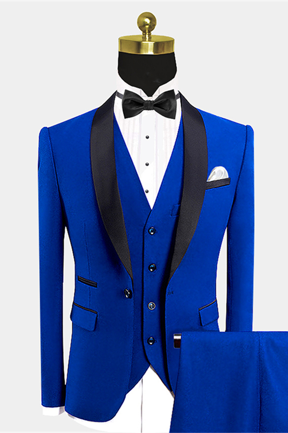 Fashion Royal Blue Shawl Lapel Tuxedo Men's Wedding Suit with Black Bow Tie