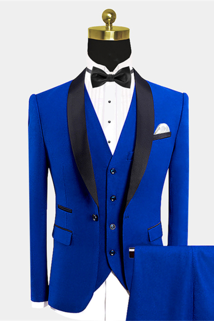 Fashion Royal Blue Shawl Lapel Tuxedo Men's Wedding Suit with Black Bow Tie