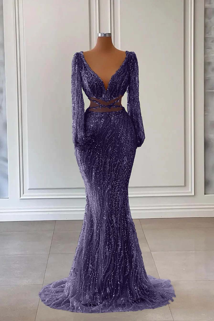 Light Green Long Sleeves V-Neck Evening Dress Mermaid With Sequins Beads