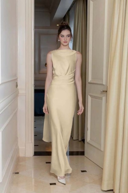 Long Slimming Sleeveless Formal Dress Flowy Backless With Pleated