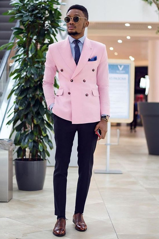 Simple Pink Peaked Lapel Prom Attire with Double-Breasted for Guys