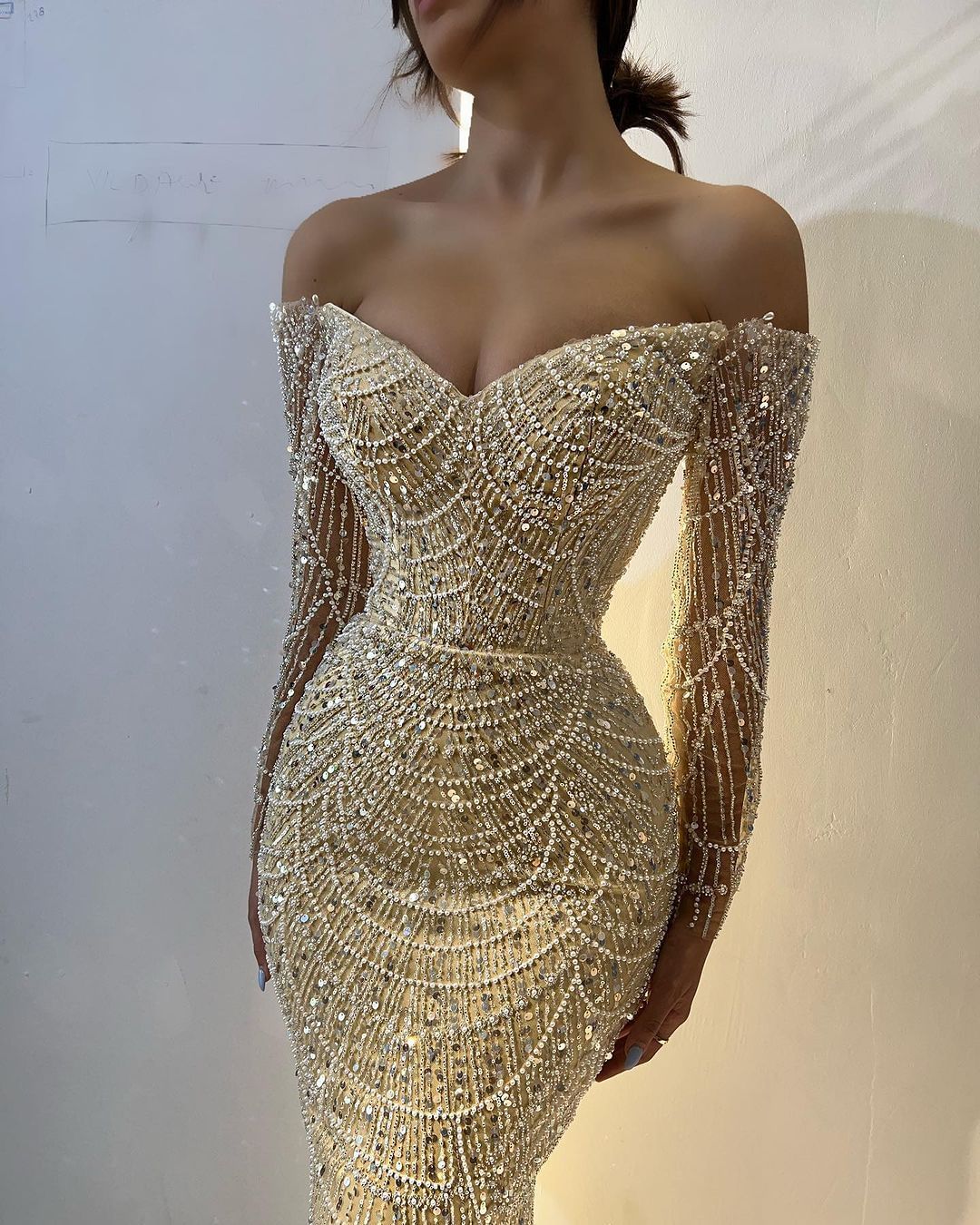 Champagne Luxurious Strapless Beaded Mermaid Prom Dress With Long Sleeves