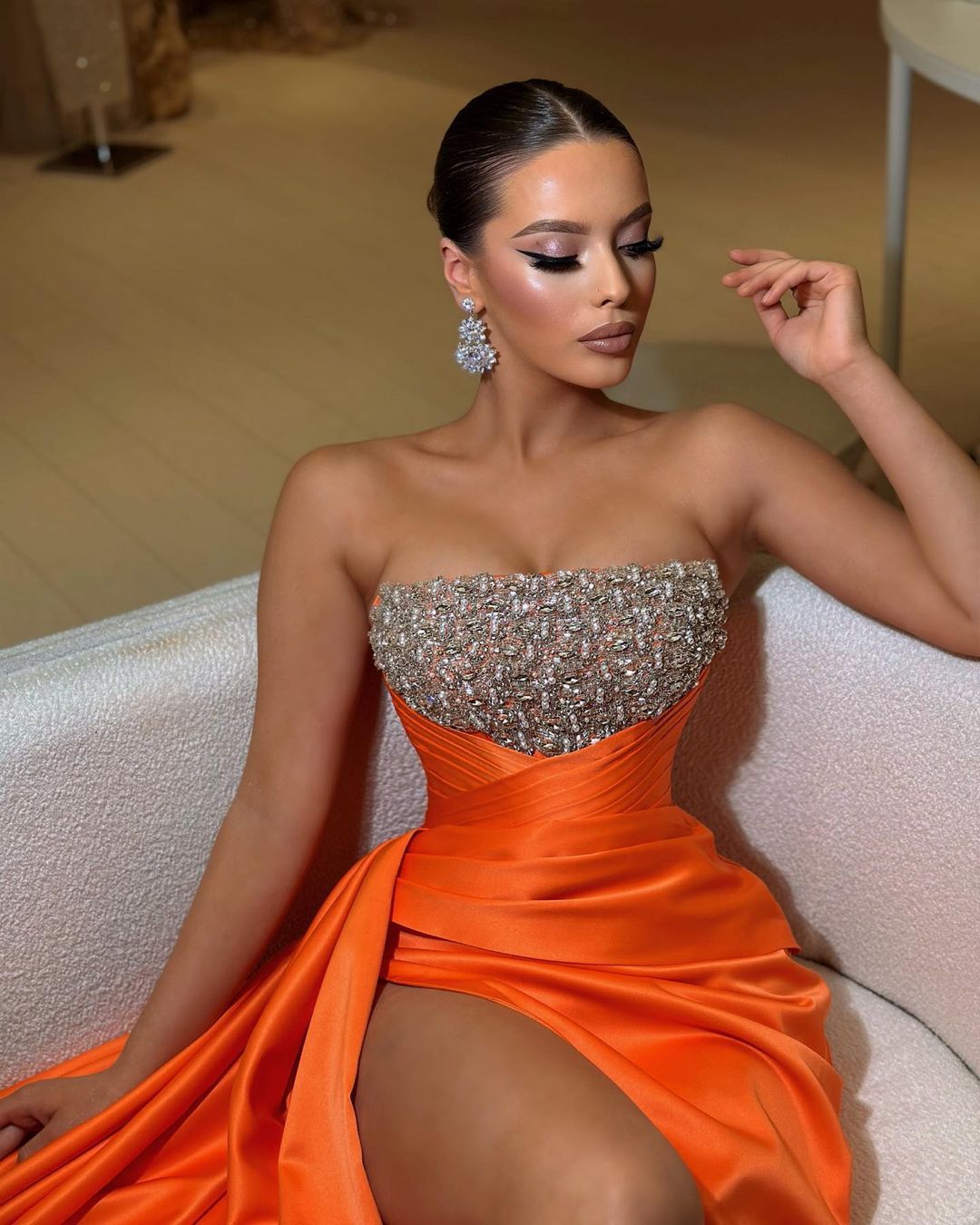 Orange Strapless Beading Evening Dress With Split