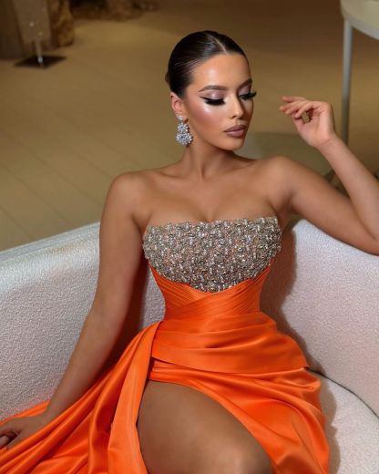 Orange Strapless Beading Evening Dress With Split