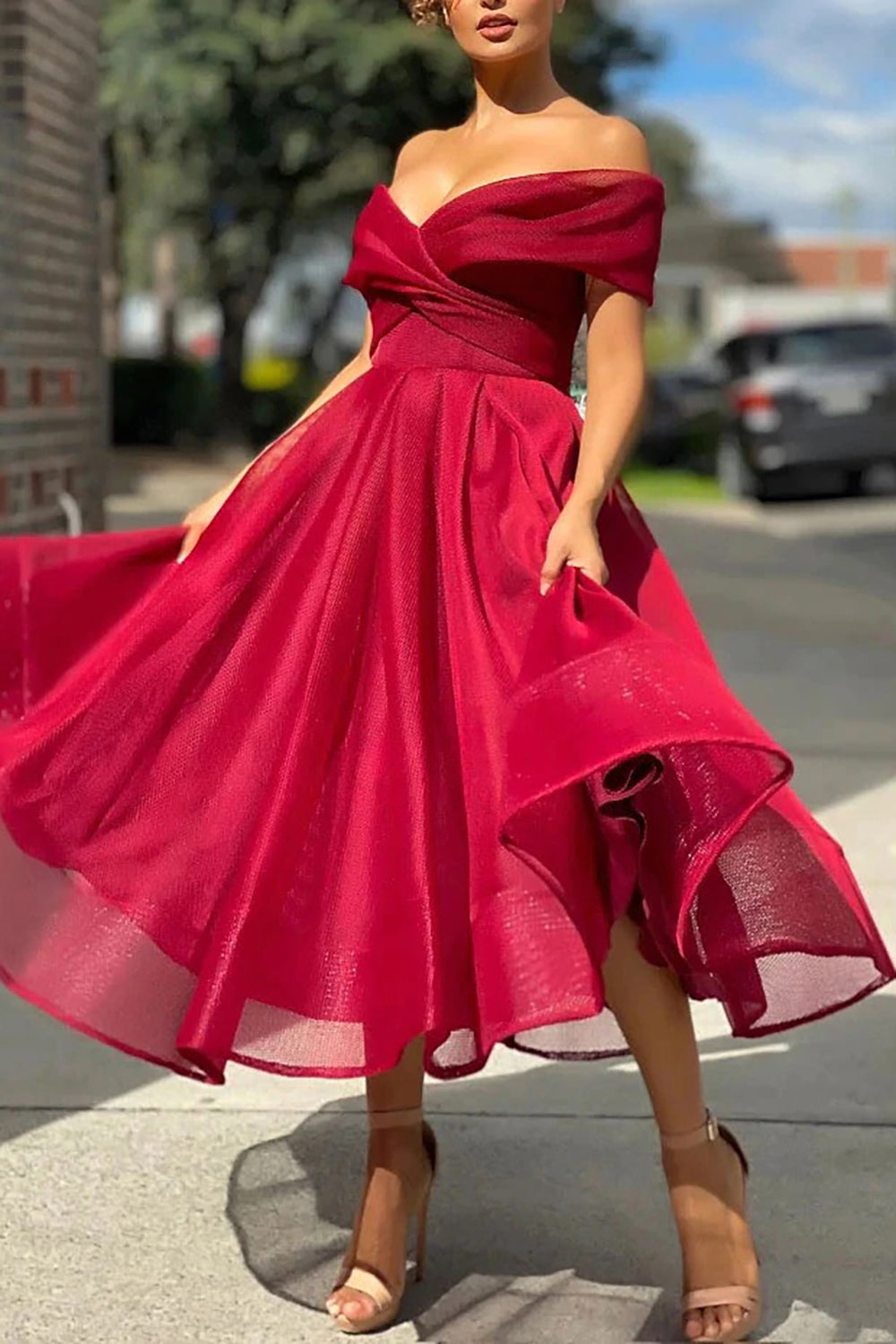 Prom Dress in Burgundy with Off-Shoulder Design