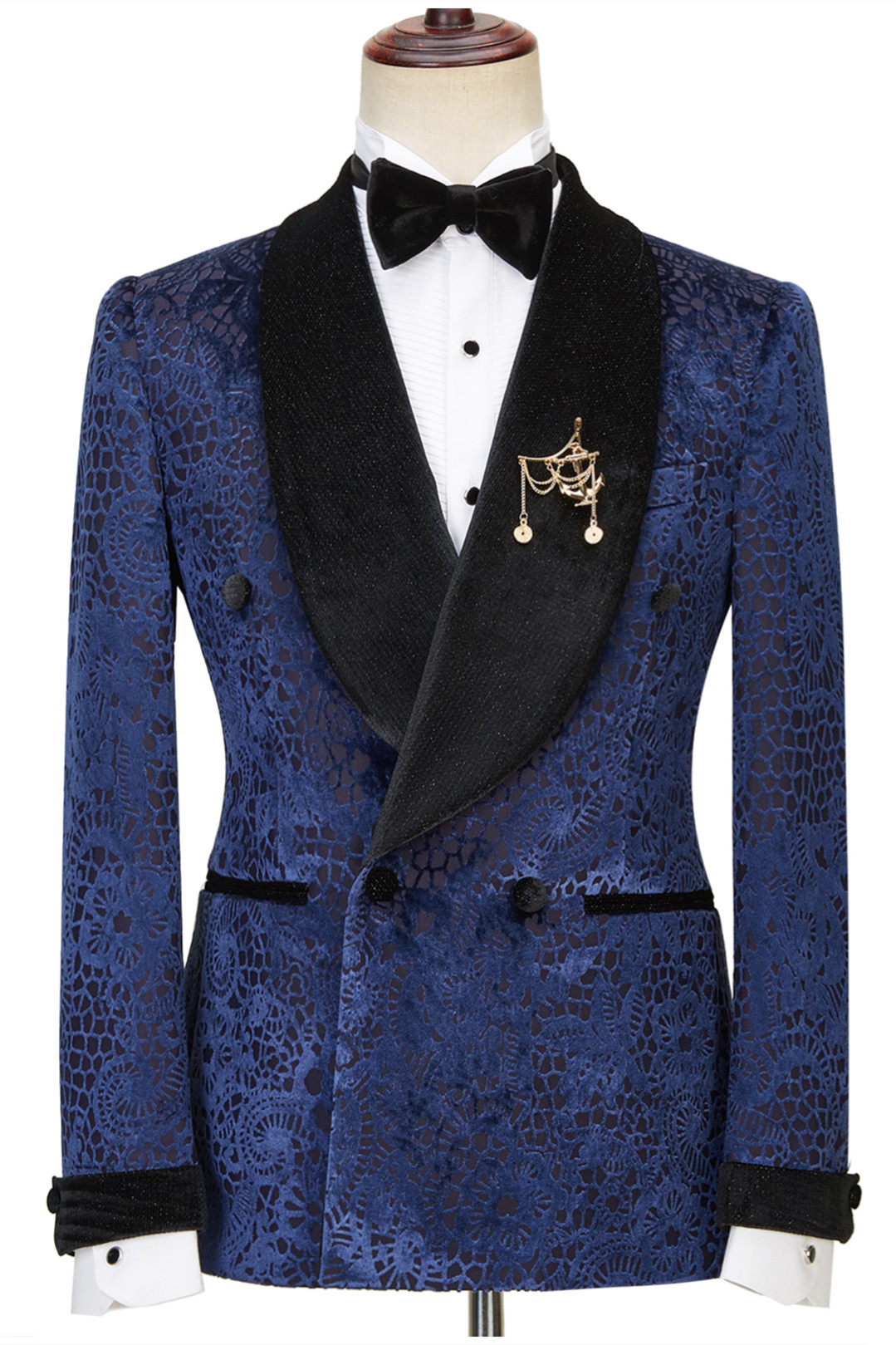 Jane Dark Navy Jacquard Shawl Lapel Sparkle Double-Breasted Men's Suits for Wedding