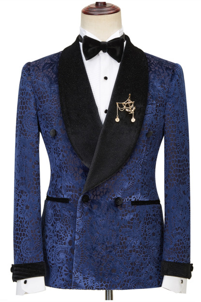 Jane Dark Navy Jacquard Shawl Lapel Sparkle Double-Breasted Men's Suits for Wedding