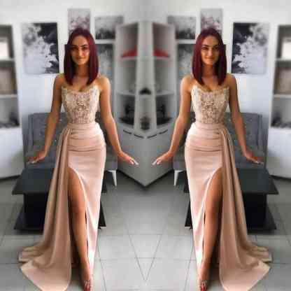 Strapless Pink Slit Mermaid Evening Dress With Chic Appliques