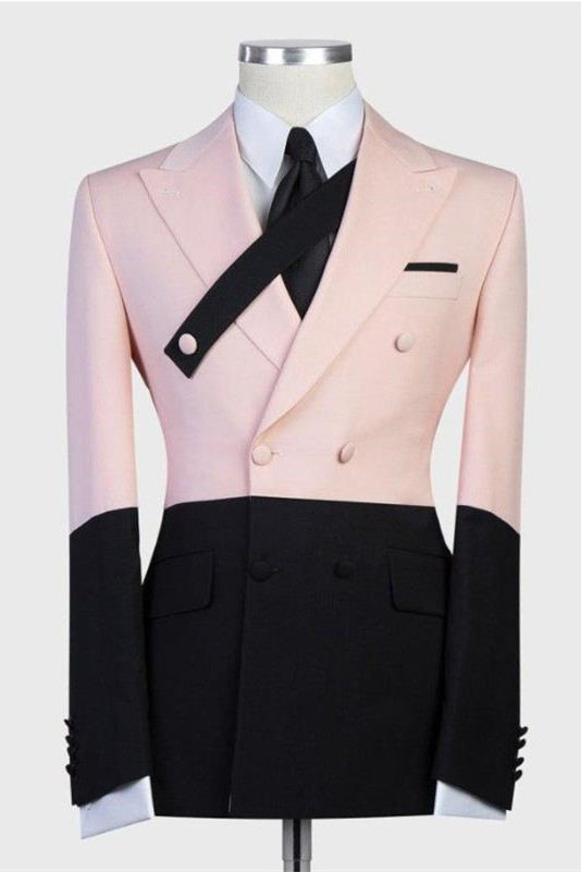 Stitching Pink and Black Peaked Lapel Ring Bearer Suits with Double-Breasted