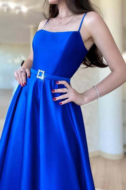 Royal Blue Long A-Line Prom Dress with Spaghetti Straps and Front Split