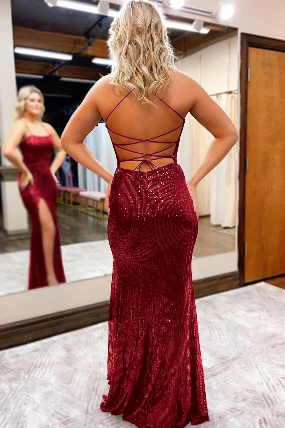 Burgundy Prom Dress with Sequins Spaghetti Straps and a Sheath Slit