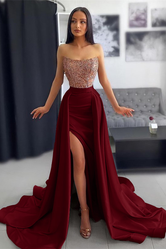 Strapless Dark Pink Slit Mermaid Prom Dress With Chic Sequins Ruffles Appliques