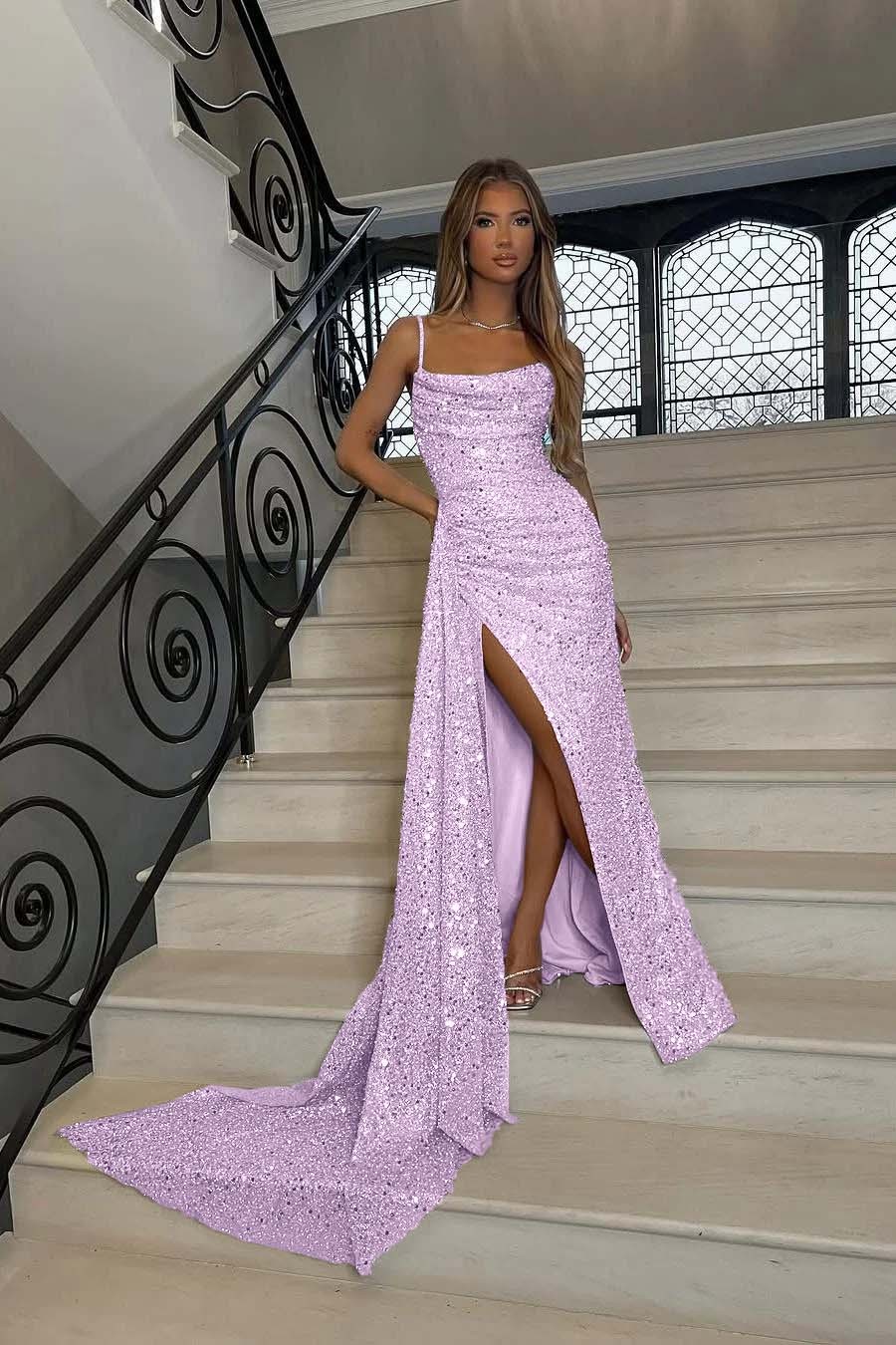 Sequins Spaghetti Strap Sleeveless Long Mermaid Formal Dress With Split