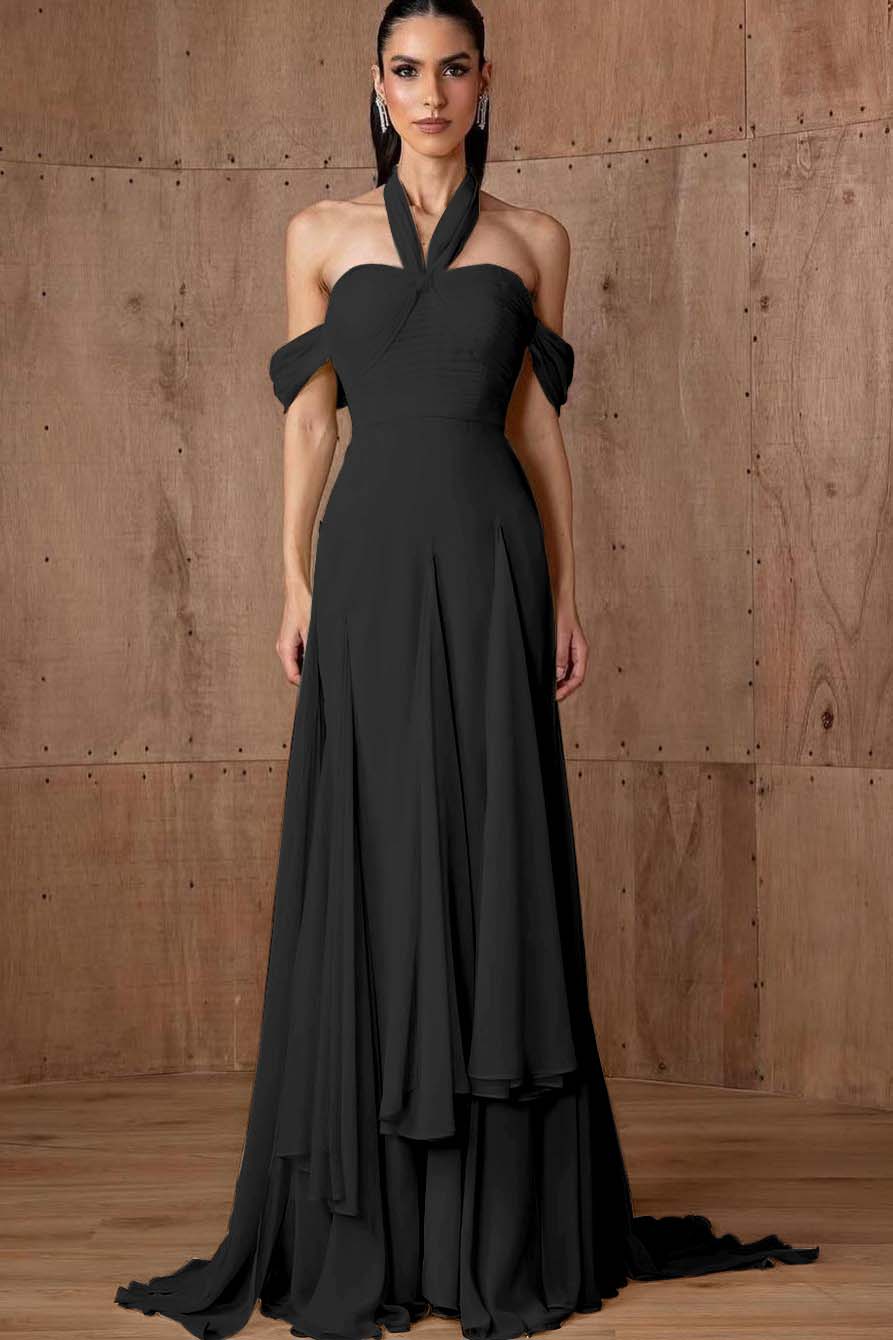 Halter Off the Shoulder Sleeveless Long Formal Dress With Ruffles