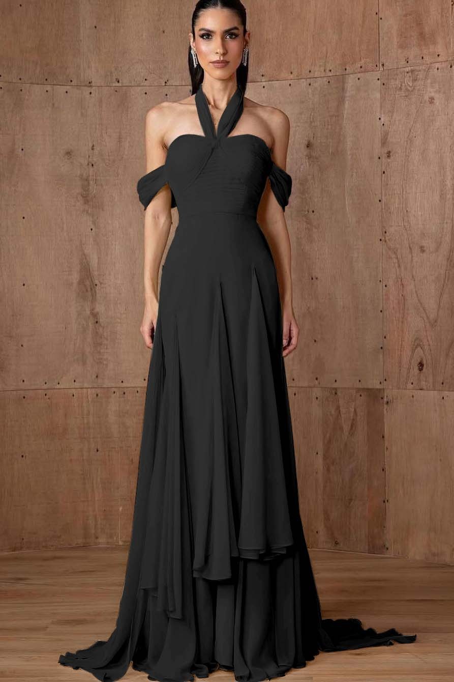 Halter Off the Shoulder Sleeveless Long Formal Dress With Ruffles