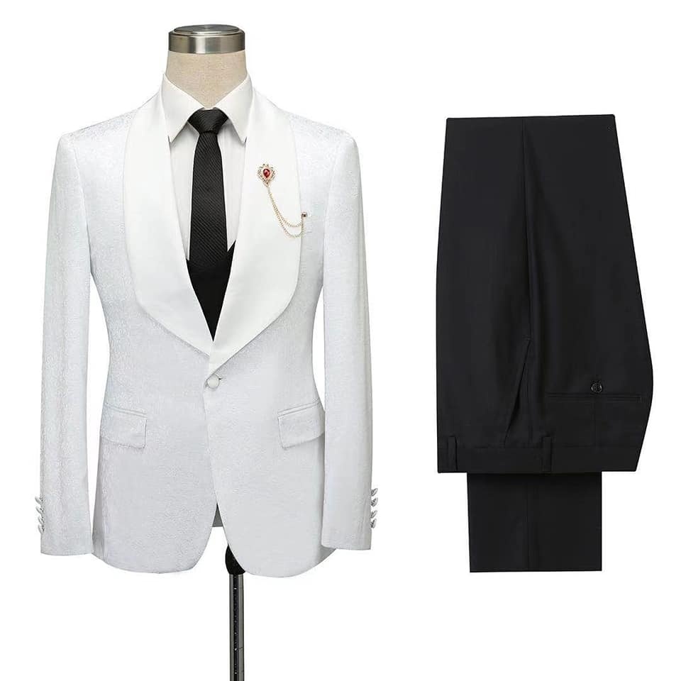 Chick Slim Fit White Jacquard Shawl Lapel Wedding Suit for Men