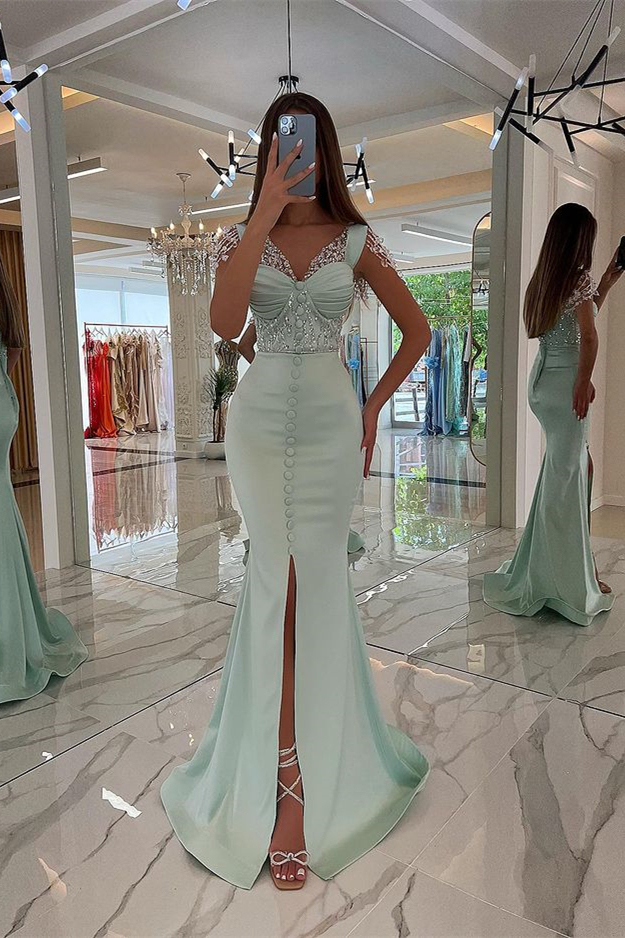 Amazing Mint Green Cap Sleeves Formal Dress Long Front Slit With Buttons Beads