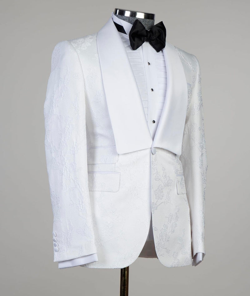 Dennis White Jacquard Shawl Lapel Three-Piece Men's Suits for Wedding